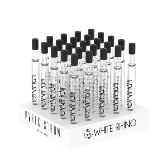 White Rhino Pyrex Glass Straw V2 With Black Silicone Cap